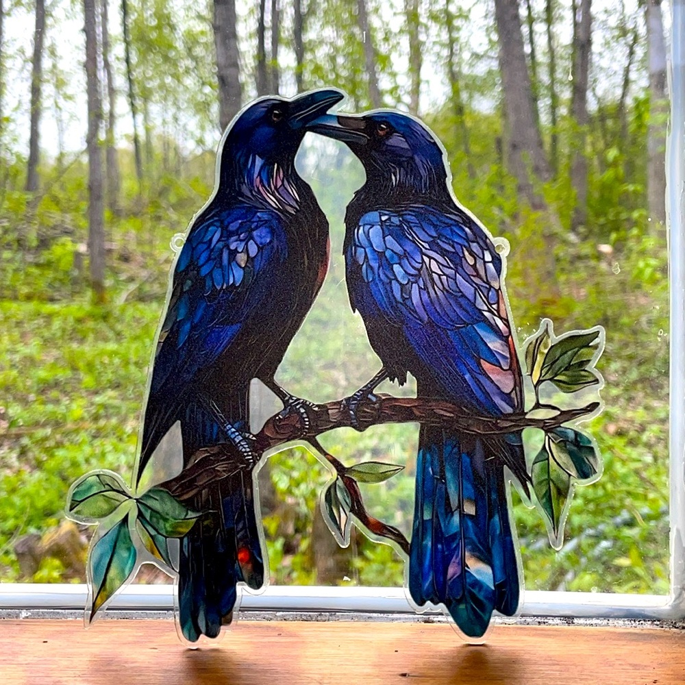 Suncatcher Acrylic Gothic Double Raven Birds Decoration Faux Stained Glass New